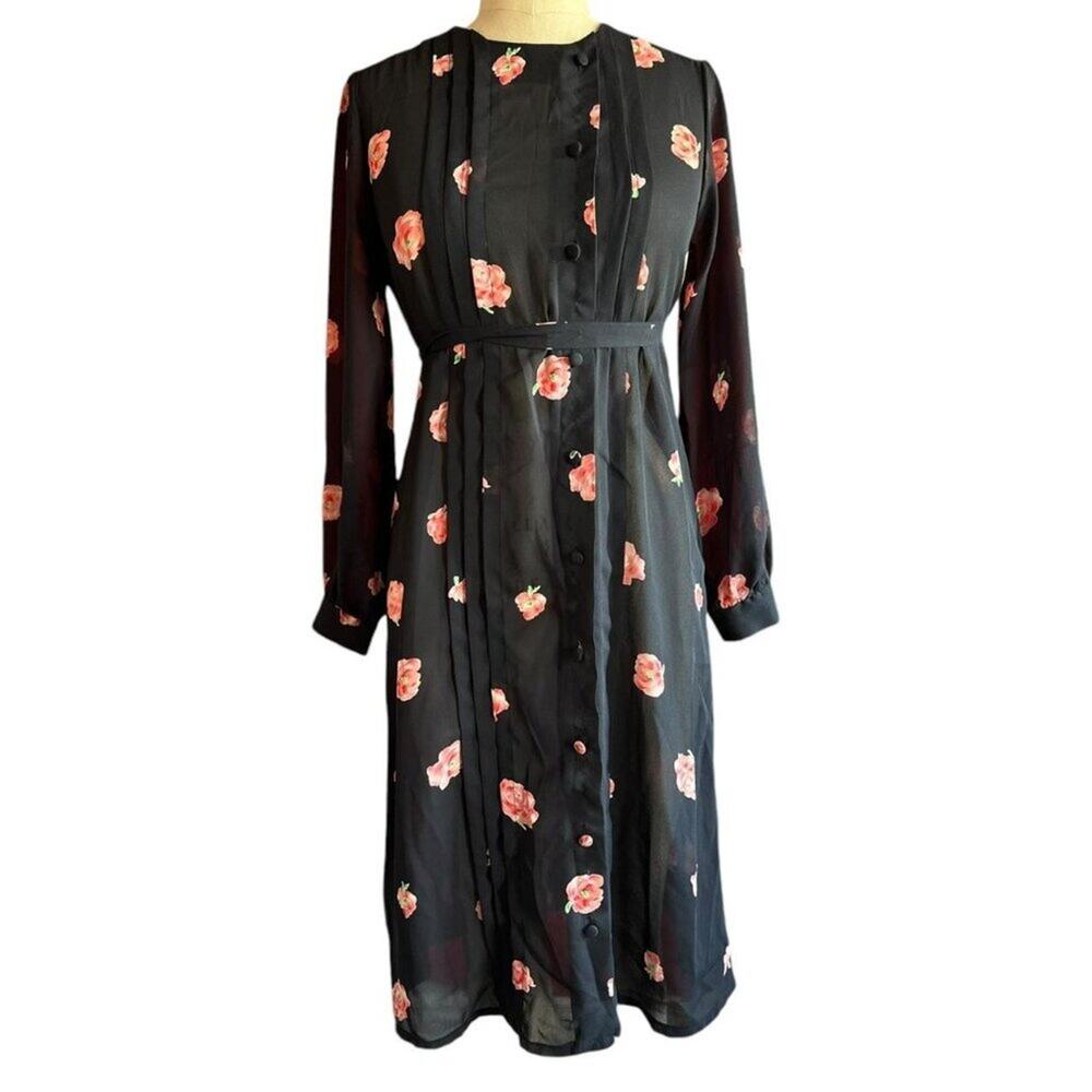 Vintage Dress Womens Size 8 Petite Black Floral Long Sleeve Modest Whimsygoth